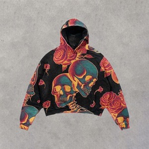 <b>Top</b> Quality Puff Print <b>Skull</b> Graphic Hoodie Unisex Drop Shoulder Loose Fit Cotton Fleece Warm Winter Pullover Custom Logo Style - Product Image 1