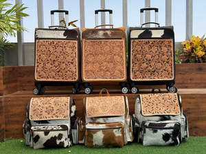La más nueva tendencia personalizable mano Tooled cuero de vaca rueda Trolley maleta y mano Tooled cuero pañal mochila Combo Sets - Product Image 5