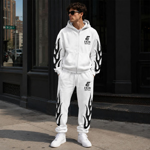 Custom White Flame Zip Up Hoodie Tracksuit Men Fleece Streetwear Jogger <b>Set</b> - Product Image 3