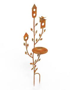 Bain d'oiseaux rustique en métal à piquer pour jardin extérieur, résistant aux intempéries, patine flamme, base en forme de branche et de feuille, triple nichoir décoratif - Product Image 1