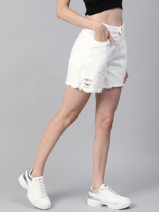 <b>White</b> High Waist Ripped Denim Shorts For Women Casual Summer Wear Button Closure Distressed Style Frayed Hem - Product Image 4