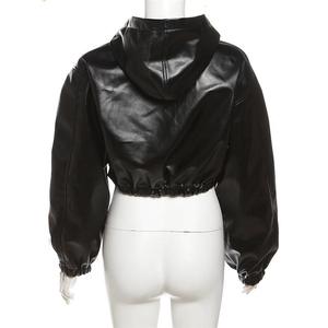 Chaqueta de moto corta de cuero PU para mujer, estilo bomber con cremallera y capucha, abrigo de manga larga - Product Image 3