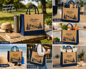 Adventure Awaits Eco-Friendly Durable Jute Tote <b>Bag</b> with <b>Large</b> Shoulder Handle Mountain Design for Outdoor & <b>Beach</b> Use - Product Image 3