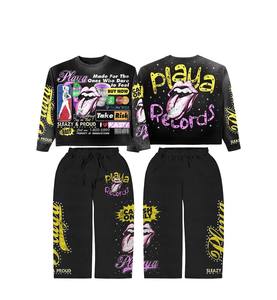 Survêtement zippé délavé à l'acide avec strass et imprimé décontracté, pantalon de sport ample évasé pour homme - Product Image 2