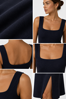 Robe longue en maille pour femme - Robe de soirée moulante bleu marine à col carré sans manches, fendue, unie, pour les fêtes