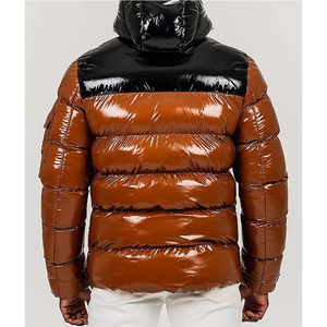 Custom Men's Glossy Hooded Puffer <b>Jacket</b> Full Zip Insulated <b>Winter</b> Coat Warm Lightweight Brown Black Premium <b>Leather</b> Streetwear - Product Image 2