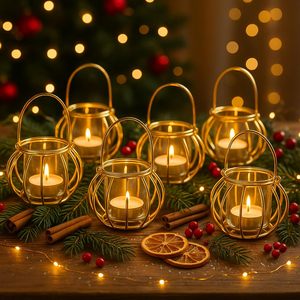 Gold Metal Candle Holder <b>Set</b> of 2 with Glass Tealight Candle Cups Decorative Lantern Style Candle Holders with Handles for Home - Product Image 5