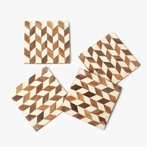 Wooden Square <b>Coasters</b> Set With Geometric Pattern Modern Design Non-Slip Mats For Table Decor - Product Image 5