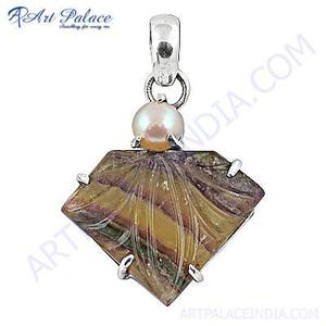 Pendentif géométrique en agate Art Palace avec perle d'imitation, plaqué argent, style vintage, charme unisexe, certifié par une tierce partie - Product Image 3