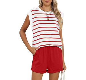 Conjuntos de 2 piezas de algodón satinado 100% para mujer, informales, de verano, con encaje, botones en el tobillo, cuello redondo, manga corta, atléticos para exteriores, venta al por mayor - Product Image 1