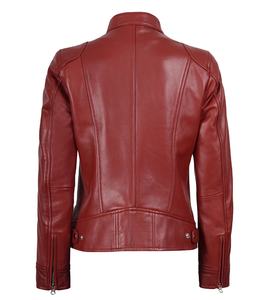 DARKRY Blouson de moto pour femme en cuir véritable rouge, coupe ajustée, coupe-vent, écologique, style Cafe Racer, en tissu satiné, hiver - Product Image 2