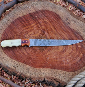 Couteau à filet en acier Damas fait main avec manche en bois de rose, lame de 8 pouces, design ambidextre |   Couteau de chef pour la cuisine et la pêche - Product Image 3