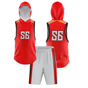 Ensemble de maillot de basket-ball à capuche rouge avec numéro 56 imprimé par sublimation, débardeur sans manches unisexe et short gris en polyester respirant - Product Image 1