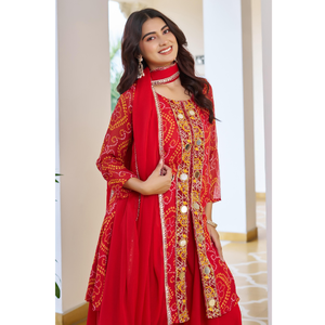 Conjunto de Kurta y Palazzo Rojos Bordados Tradicionales para Mujer – Ropa para Festivales y Fiestas - Product Image 3
