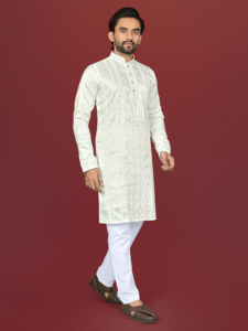 Kurta Blanca de Algodón para Hombre con Bordado, Corte Regular, Largo hasta el Tobillo, Ropa Tradicional India y Pakistaní para Bodas - Product Image 1