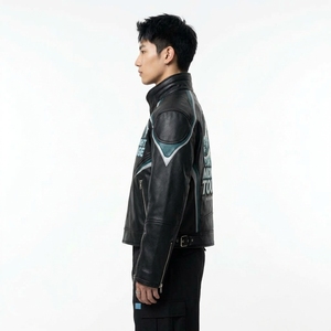 Chaqueta de Motociclista Personalizada para Hombre, con Gráficos, Cuello Alto, Estilo Automovilístico, de Cuero Genuino, Bordada, para Motociclismo - Product Image 4