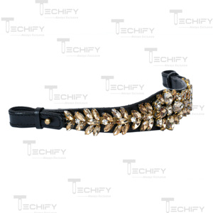 Fronture de luxe en cristal pour cheval – Fronture en cuir noir avec strass dorés - Product Image 4