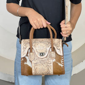 Bolso de mano mini de cuero repujado de alta calidad al por mayor para mujer, bandolera floral con grabado, bolso tote de piel con pelo. - Product Image 4