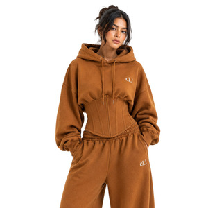 Ensemble de survêtement pour femme avec sweat à capuche oversize à taille corset de créateur, pantalon palazzo en molleton, logo personnalisé, en coton épais, tenue d'hiver et d'automne - Product Image 4
