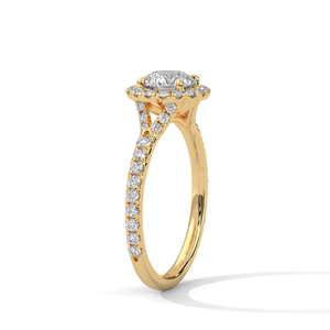 Classic Round Cut Lab Grown Diamond <b>Ring</b> Featuring Halo Sparkle Prong <b>Set</b> Center Diamond & Side Paved Band In 14k Yellow <b>Gold</b> - Product Image 2