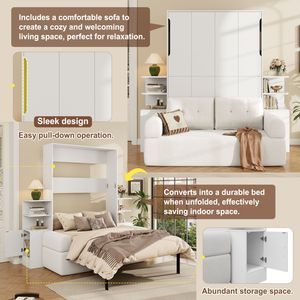 Queen Size White Wall Murphy <b>Bed</b> <b>with</b> <b>Sofa</b> and <b>Storage</b> Cabinets Space-Saving Home Office and Guest Room Furniture - Product Image 3