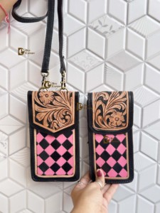New Fashionable Phone Purse Handbag Hand <b>Tooled</b> Carving <b>Leather</b> Bag Big Size Bag Checkers Pattern <b>Pouch</b> Unique Designer Sling Ba - Product Image 3