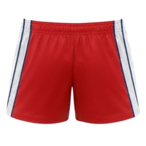Shorts de netball unisexe rouge et blanc sublimés en polyester léger, uniforme sportif athlétique avec panneau latéral à rayures, tenue de performance - Product Image 2