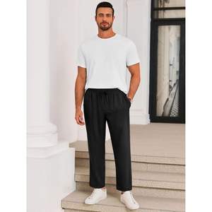 2025 Men's Casual <b>Cropped</b> <b>Linen</b> <b>Pants</b> 100% Cotton Elastic Waist Drawstring Pleated Lightweight Summer Yoga Beach Trousers - Product Image 1
