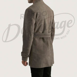 เสื้อแจ็คเก็ตหนังกลับสีเทาสำหรับผู้ชาย ทรงสลิมฟิต หลายกระเป๋า มีเข็มขัด  สไตล์ซาฟารี  เสื้อโค้ทหนังแท้แนวทหาร - Product Image 2
