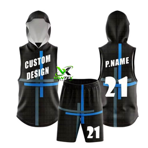 VANTEX Custom Sublimation Black Hooded <b>Men's</b> Basketball Jersey <b>Shorts</b> Set with Blue Cross Design 100% Polyester High Quantity - Product Image 1