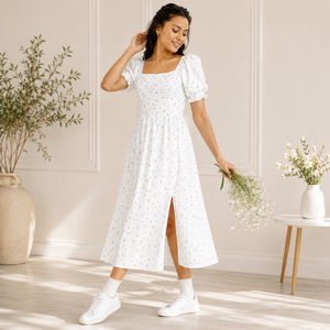Robe midi florale blanche premium pour femme, col carré, manches bouffantes, décontractée et élégante pour l'été, en coton non extensible, rayée, taille haute - Product Image 2