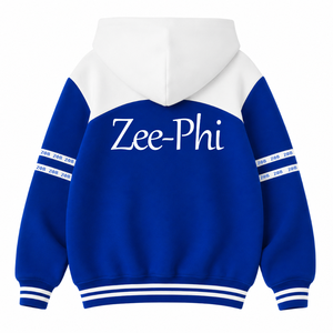 Sudadera personalizada de la hermandad Zeta Phi Beta con logo bordado en la parte delantera, color azul y blanco, manga larga, de algodón, para mujer. - Product Image 3