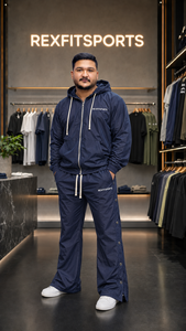 REXFIT SPORTS 2026 Custom Navy <b>Nylon</b> <b>Tracksuit</b> <b>Men</b> Hooded Zip Up Jacket Wide Leg Pants Two Piece Sportswear Set Custom Logo - Product Image 2