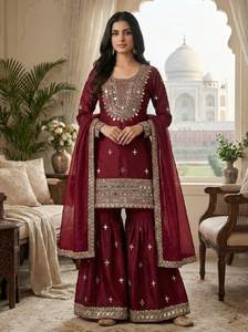 Traje Sharara TOP con Dupatta, Bordado de Lentejuelas de Seda GMY Pura y Trabajo de Espejo Real - Product Image 4