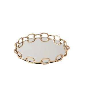 Round <b>Mirrored</b> Storage Tray With Gold Plated Chain Link Frame Modern Decorative <b>Tabletop</b> Accessory - Product Image 4