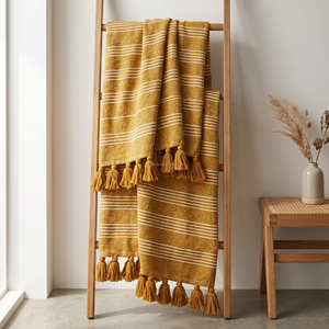 <b>Mustard</b> Cotton Woven Throw with Decorative Layered Texture and Fringe 140x200 cm for Boho Rustic Living Room Styling - Product Image 5