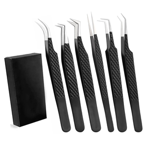 Pinces à cils noires, lot de 6, pointe en fibre, pinces à cils en acier inoxydable, pointe droite et courbée, pinces à cils pour greffe de cils - Product Image 1