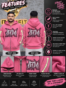 <b>Pink</b> <b>Men's</b> Zip-Up <b>Hoodie</b> With Bone Sleeve Design Streetwear Oversized Fit Cotton Fleece Autumn Style - Product Image 3