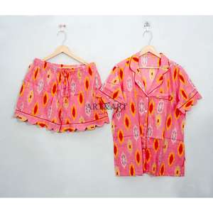 Conjunto de Pijama Corto de Algodón para Mujer, Ligero, Transpirable, de Verano, con Botones de Encaje, Estampado a Mano Indio - Product Image 5