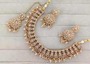 Ethnic <b>Jewelry</b> <b>Set</b> Gold Plated Necklace and Earring <b>Set</b> <b>Pearl</b> and Zircon Wedding Party Wear for Women - Product Image 2