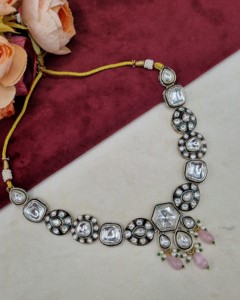 Delicate Hexagon Cut Kundan Stone Necklace <b>Set</b> With Earrings And Mangtika Designer Gold Plated Festive Party Wear <b>Jewellery</b> <b>Sets</b> - Product Image 2