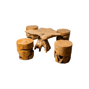 Ensemble de table en racine de teck rustique avec tabourets en bois naturel ARTERRA, meubles de salon de luxe artisanaux haut de gamme pour hôtels et villas - Product Image 1