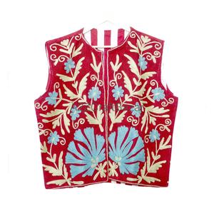Chaleco Suzani Hecho a Mano para Mujer, Estampado Floral, Tejido, para Primavera/Otoño, con Mangas Cortas - Product Image 1