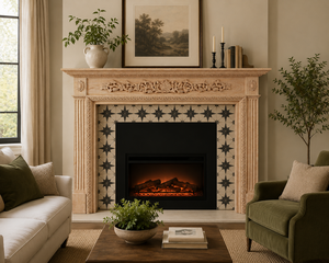 Moderna chimenea de madera de roble blanco teñido de negro que crea un ambiente cálido y sofisticado en su sala de estar - Product Image 3