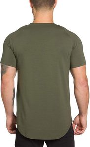 เสื้อยืดแขนสั้นทรงเข้ารูปสำหรับผู้ชาย สีพื้น คอโอ ผ้าถัก สไตล์ลำลอง สีดำและสีเขียวมะกอก แบบยาว - Product Image 3