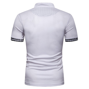 Chemise pour homme bleu foncé à manches courtes, tissée, avec col et poignets à carreaux, style décontracté, coupe classique, 100% polyester respirant - Product Image 5