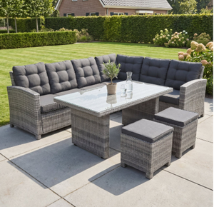Conjunto de Muebles de Jardín con Estructura de Aluminio para Exteriores, Sofá Esquinero de Ratán PE, Mesa de Comedor Impermeable, 2 Otomanas, Muebles Modernos para Patio - Product Image 2