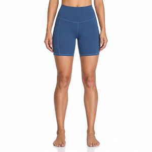 <b>Women</b> Dark <b>Blue</b> High Waist Printed Workout <b>Shorts</b> With Pockets Breathable Elastic Waist Sporty Style Knitted Spandex Polyester - Product Image 2