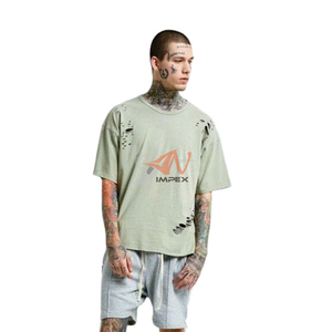 เสื้อยืดทรงบ็อกซี่แบบครอป ดีไซน์ใหม่สำหรับผู้ชาย เสื้อยืดสไตล์ดิสเทรส ล้างสีแบบแอซิด ตัดเย็บแบบเย็บกลับด้าน - Product Image 1