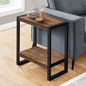 Round wooden side <b>table</b> with reddish <b>brown</b> finish black metal frame minimalist modern accent furniture for living room setup - Product Image 5